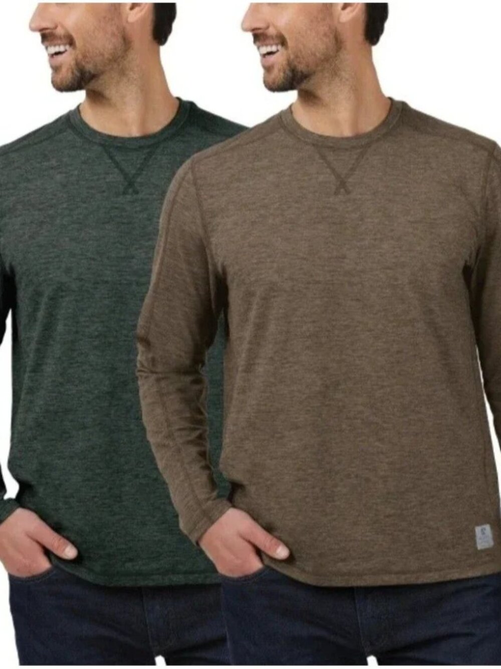 Rugged Elements Men's 2-Pack Sueded Long Sleeve Crew Tee, Dark Green/ Brown